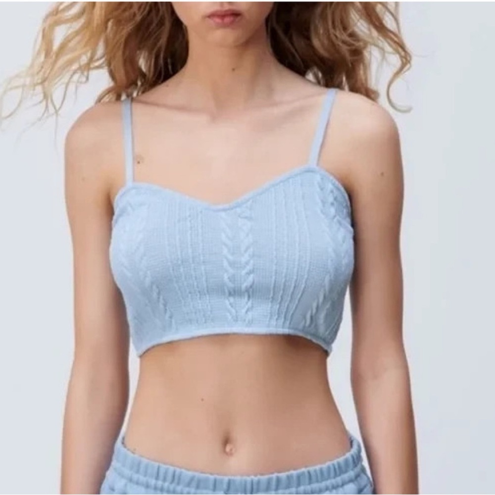NWOT Zara Light Blue rib Cable knit Crop Sweater Camisole Tank Top Medium